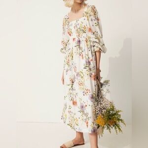 H&M Conscious Smocked Midi Dress Meadow Flower Floral Print Dress